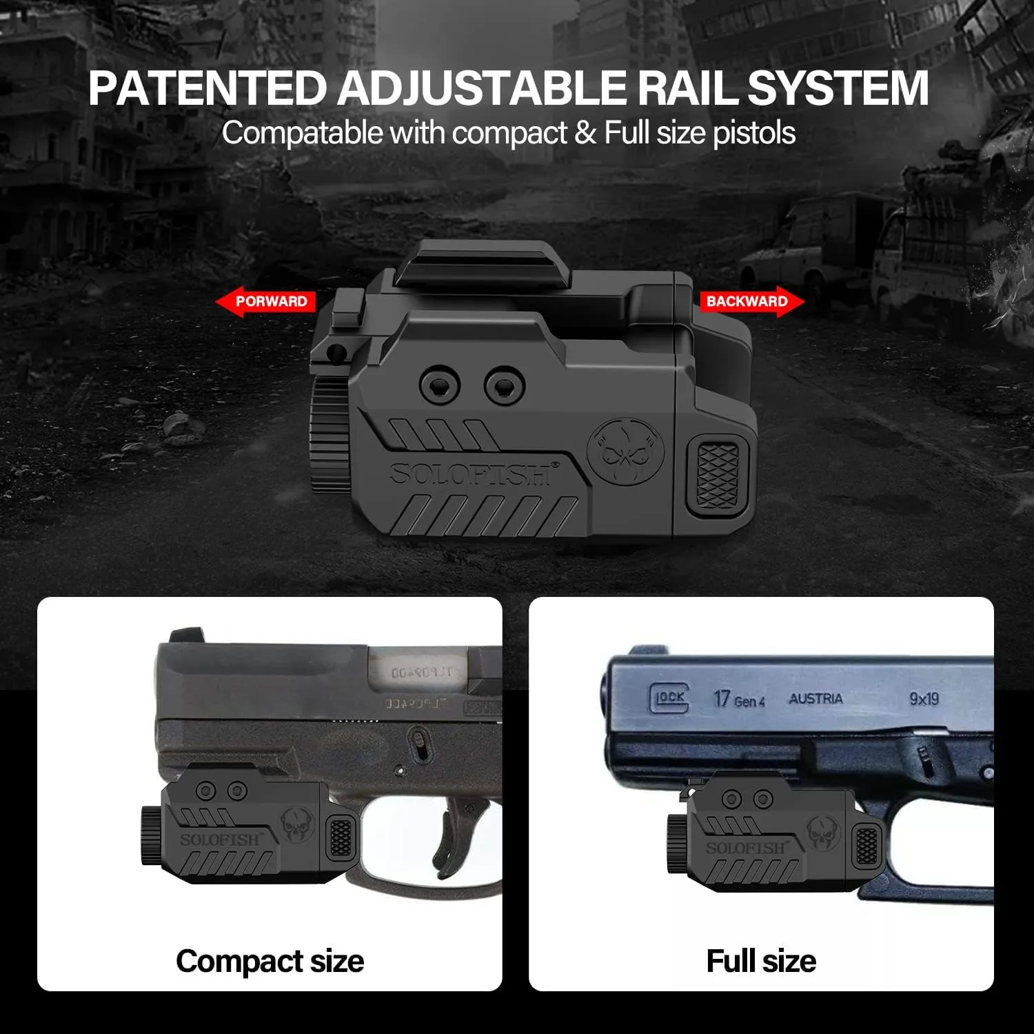Solofish 500lm Tactical Flashlight Compatible for Compact with Rail, Green/Red/Blue Beam and White LED Combo with Strobe