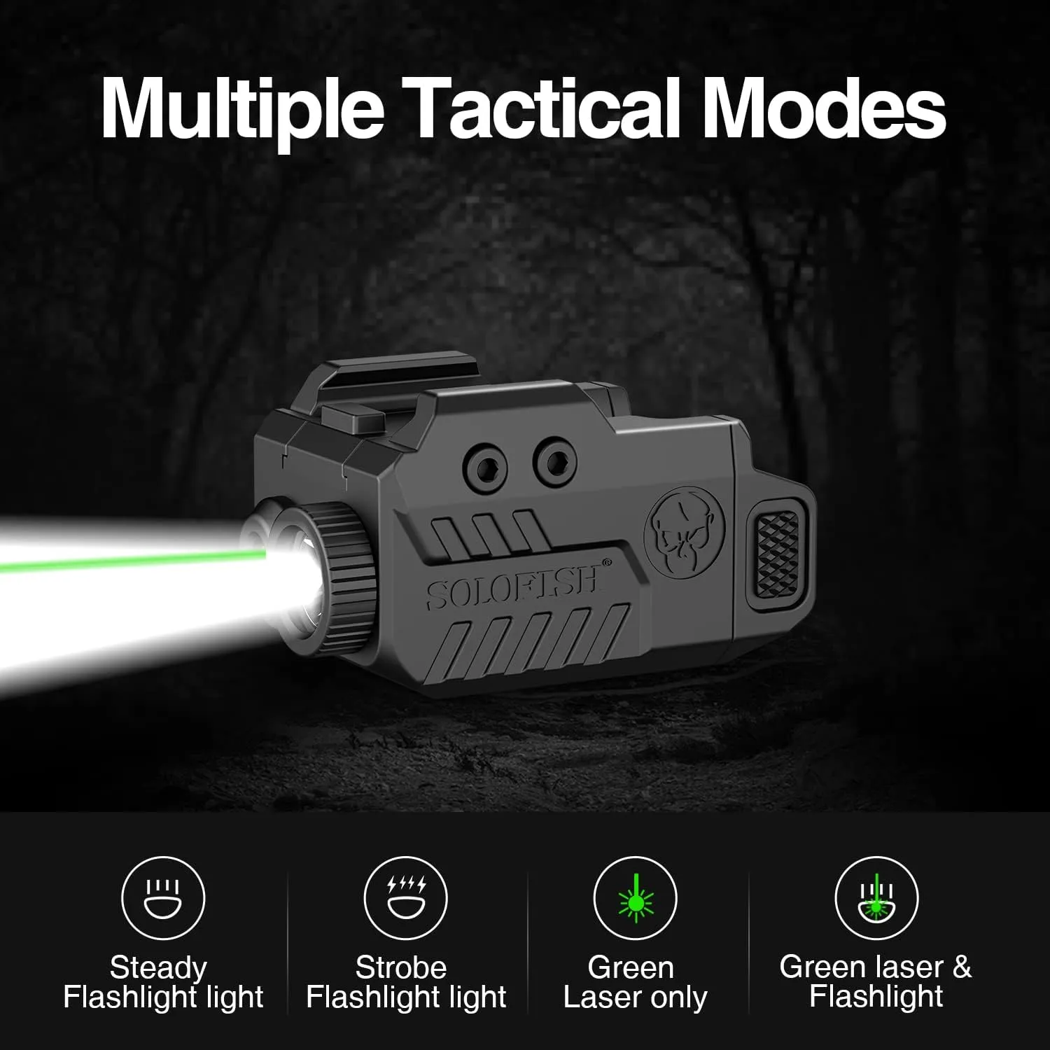 Solofish 500lm Tactical Flashlight Compatible for Compact with Rail, Green/Red/Blue Beam and White LED Combo with Strobe