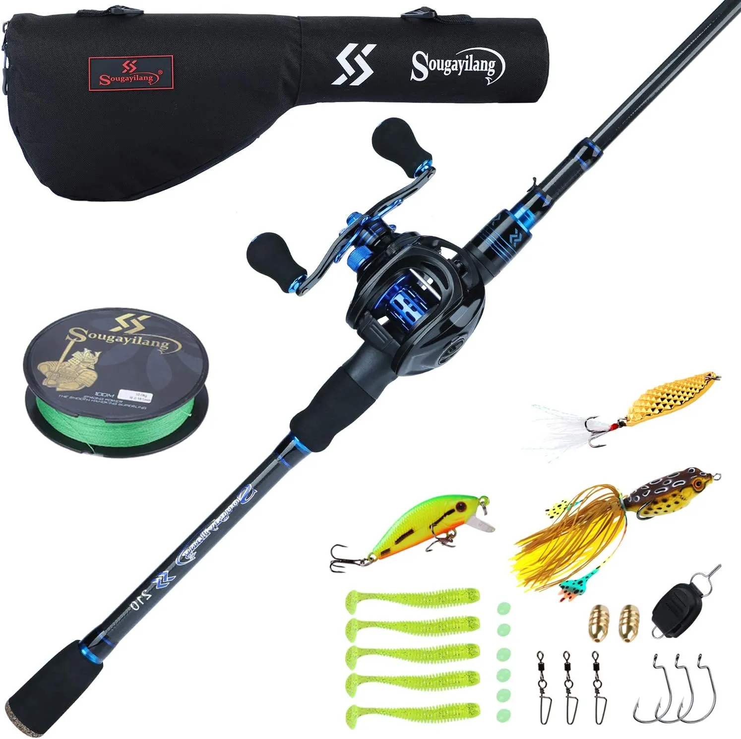 Sougayilang Fishing Rod and Reel Combo, Telescopic Casting Rod Baitcasting Reel with Carrier Bag Baitcaster Combo for Freshwater Saltwater