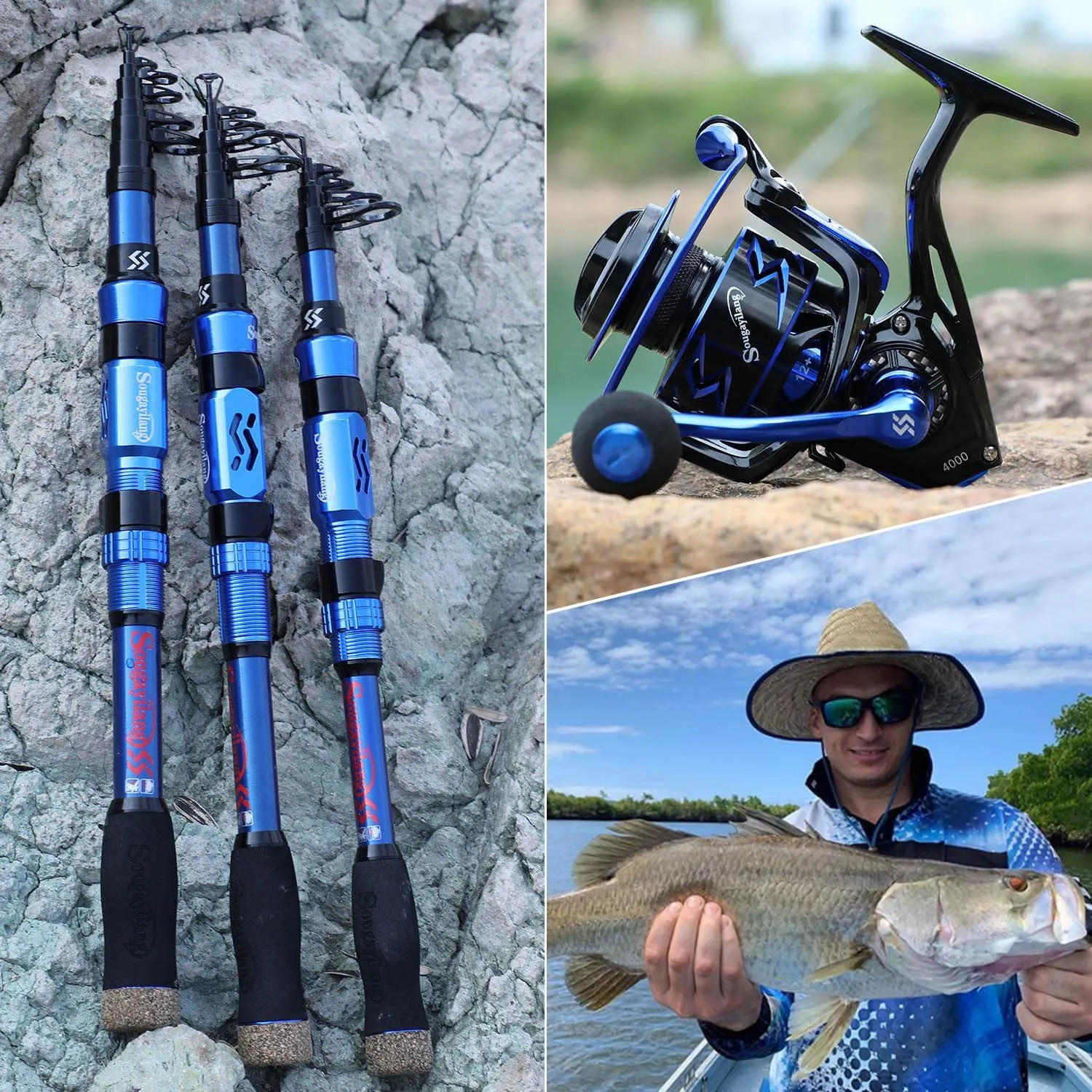 Sougayilang Fishing Rod Reel Combinations, 24 Ton Carbon Fiber, Portable Telescopic Fishing Rod Spinning Reels for Travel Saltwater Freshwater Fishing Gifts for People