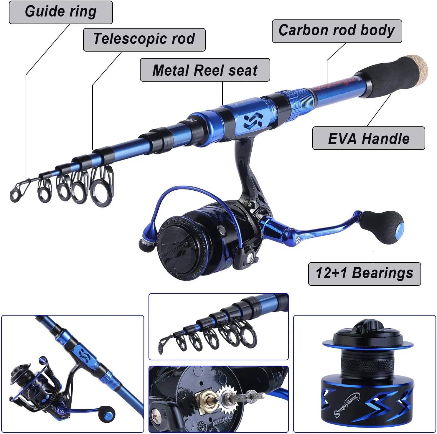 Sougayilang Fishing Rod Reel Combinations, 24 Ton Carbon Fiber, Portable Telescopic Fishing Rod Spinning Reels for Travel Saltwater Freshwater Fishing Gifts for People