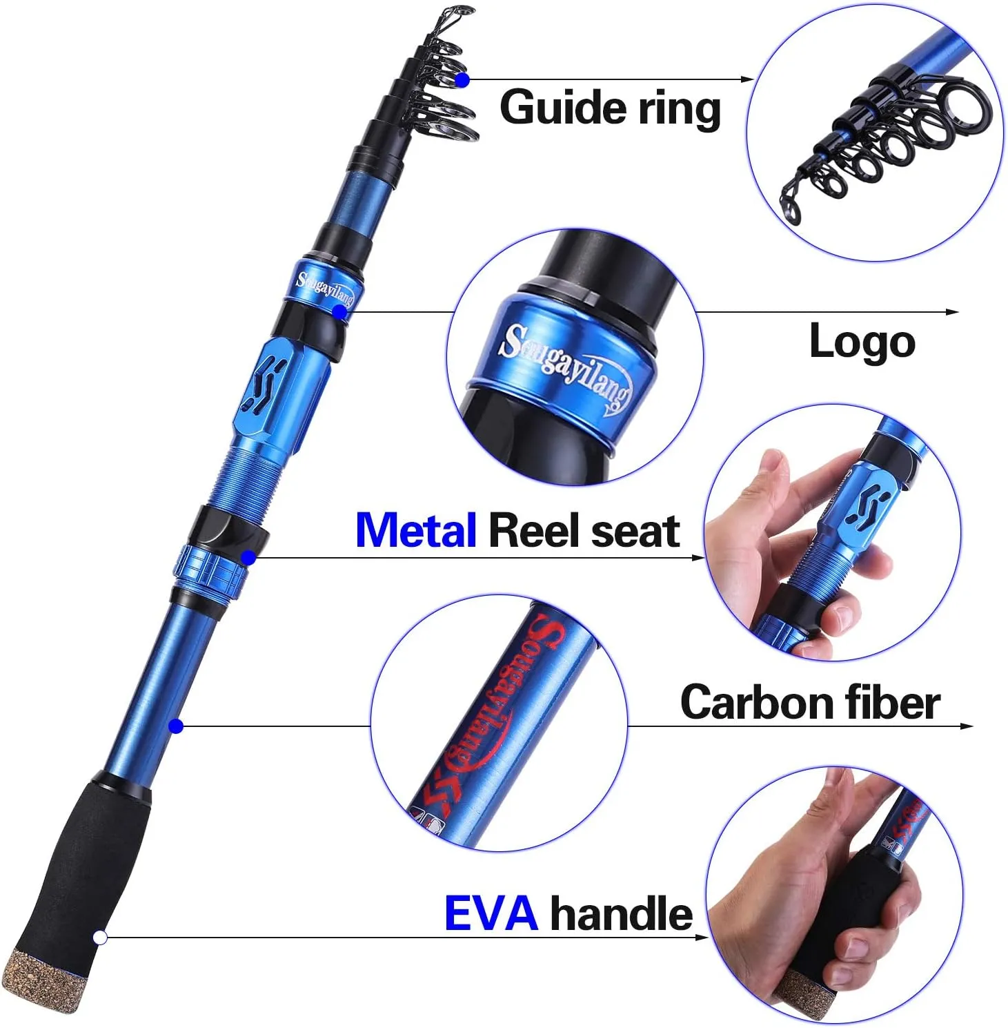 Sougayilang Telescopic Fishing Rod - 24 Ton Carbon Fiber,CNC Machined Reel Seat, Comfortable EVA Handle, Travel Fishing Rod for Bass Trout Fishing
