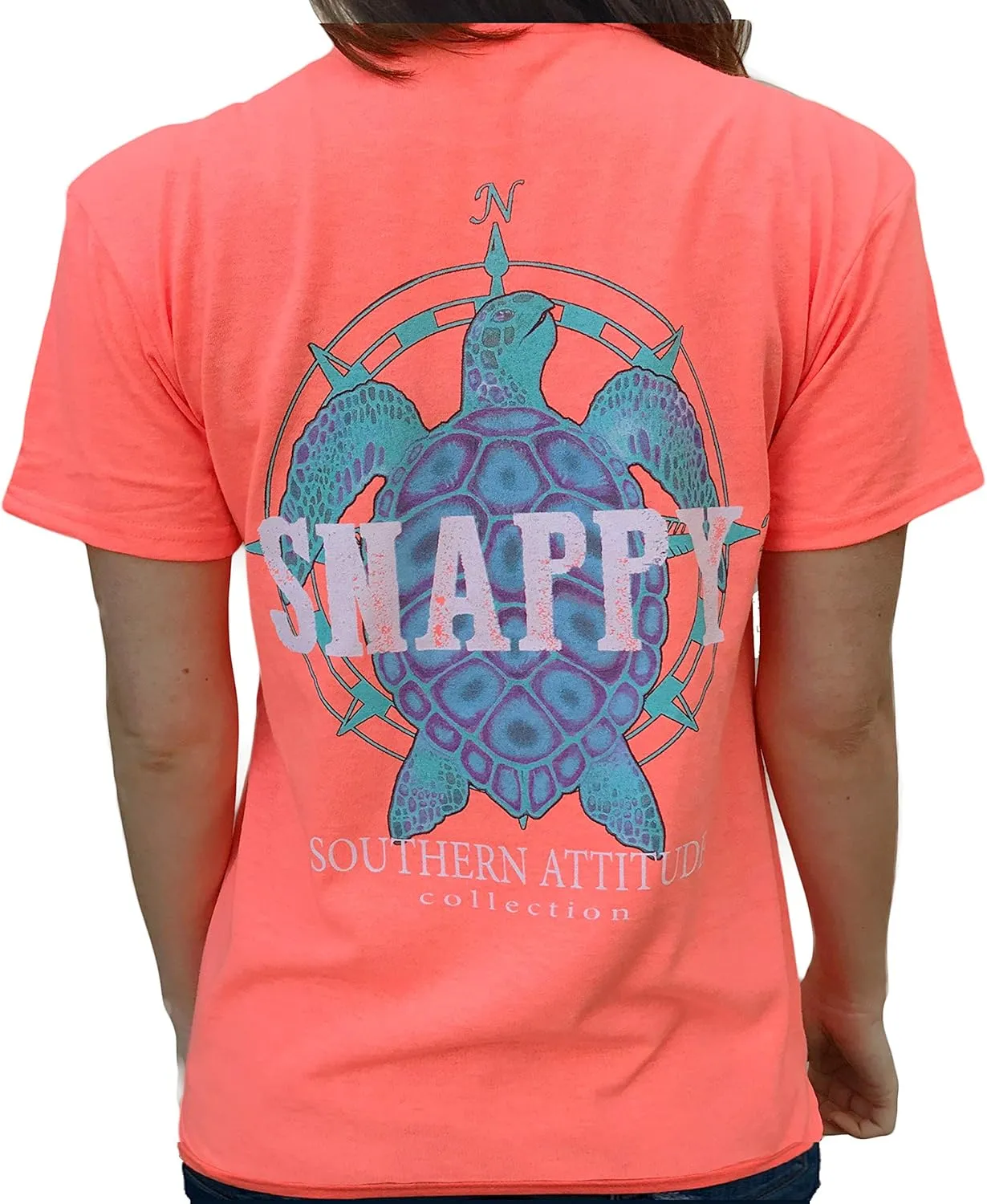 Southern Attitude Nautical Compass Snappy Turtle Heather Coral Short Sleeve T-Shirt