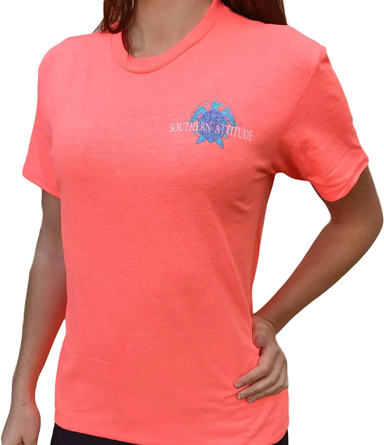 Southern Attitude Nautical Compass Snappy Turtle Heather Coral Short Sleeve T-Shirt