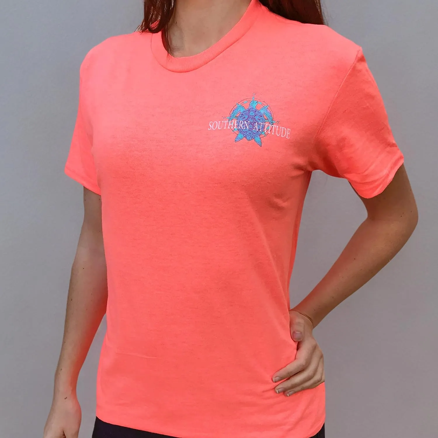 Southern Attitude Nautical Compass Snappy Turtle Heather Coral Short Sleeve T-Shirt