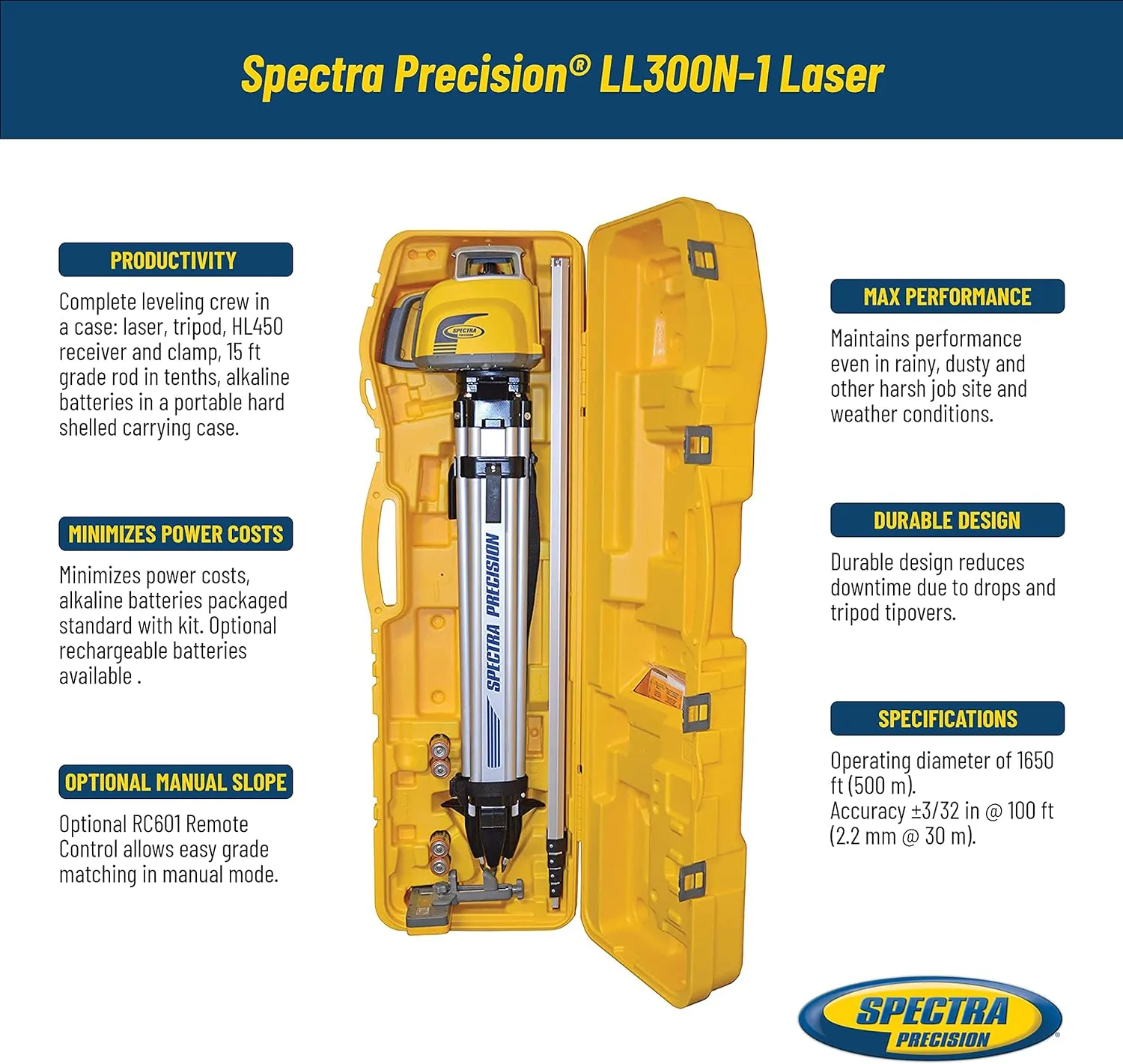 Spectra Precision LL300N-1 Laser Level, Self Leveling Kit with HL450 Receiver, Clamp, 15' Grade Rod / 10ths and Tripod , Yellow
