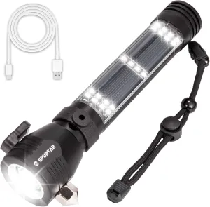 Spurtar 7 Modes Solar Flashlights with Car Safety Hammer, Seatbelt Cutter, Compass & Magnet, 2000 mAh Multi Function Tactical Flashlight, Emergency Flashlight for Car, LED Flashlight, Black