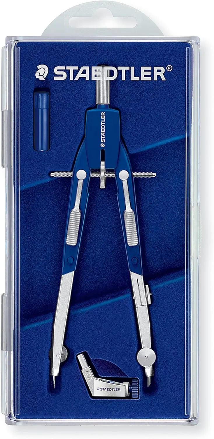 STAEDTLER Comfort Metal Quick Setting 6" Compass 2 Piece Set: Universal Adapter, Push-Button Mechanism & Extra Leads - Draws Circles up to 350mm
