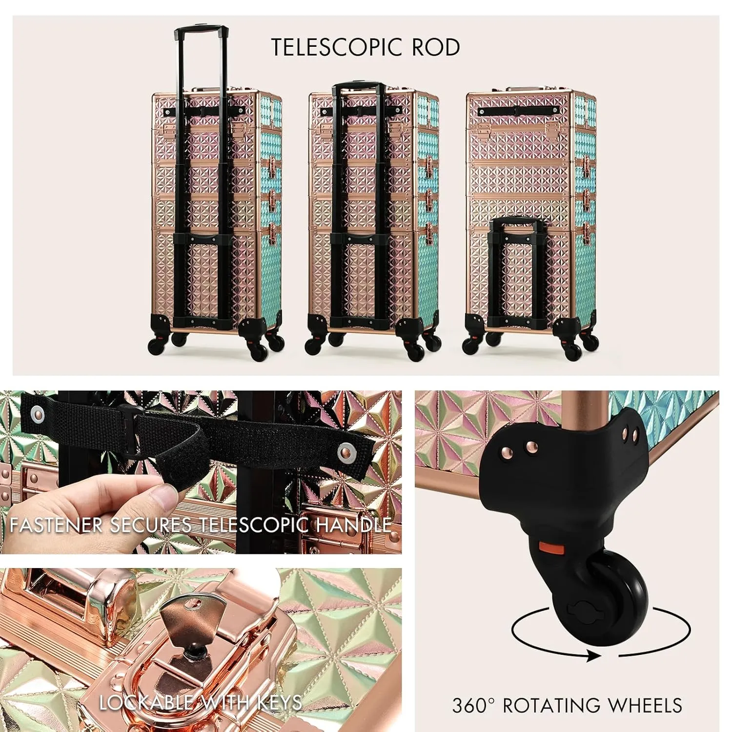 Stagiant Rolling Makeup Case Cosmetology Case on Wheels 4 in 1 Large Cosmetic Organizer Train Case Makeup Travel Case with Key Swivel Wheels Nail Artist Salon Storage Traveling Cart Trunk Rose Gold