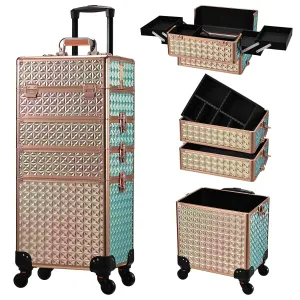 Stagiant Rolling Makeup Case Cosmetology Case on Wheels 4 in 1 Large Cosmetic Organizer Train Case Makeup Travel Case with Key Swivel Wheels Nail Artist Salon Storage Traveling Cart Trunk Rose Gold