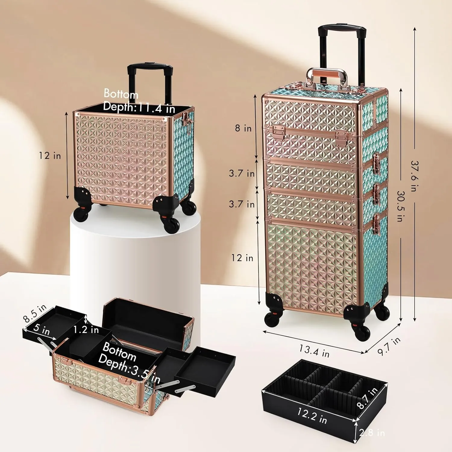 Stagiant Rolling Makeup Case Cosmetology Case on Wheels 4 in 1 Large Cosmetic Organizer Train Case Makeup Travel Case with Key Swivel Wheels Nail Artist Salon Storage Traveling Cart Trunk Rose Gold