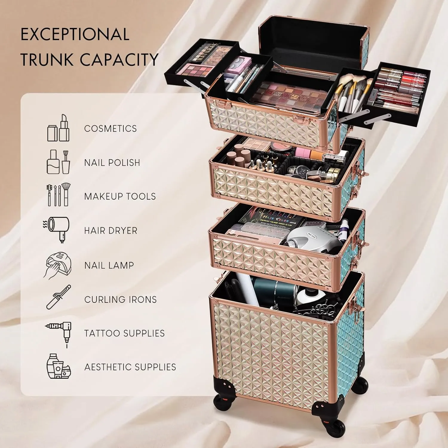 Stagiant Rolling Makeup Case Cosmetology Case on Wheels 4 in 1 Large Cosmetic Organizer Train Case Makeup Travel Case with Key Swivel Wheels Nail Artist Salon Storage Traveling Cart Trunk Rose Gold