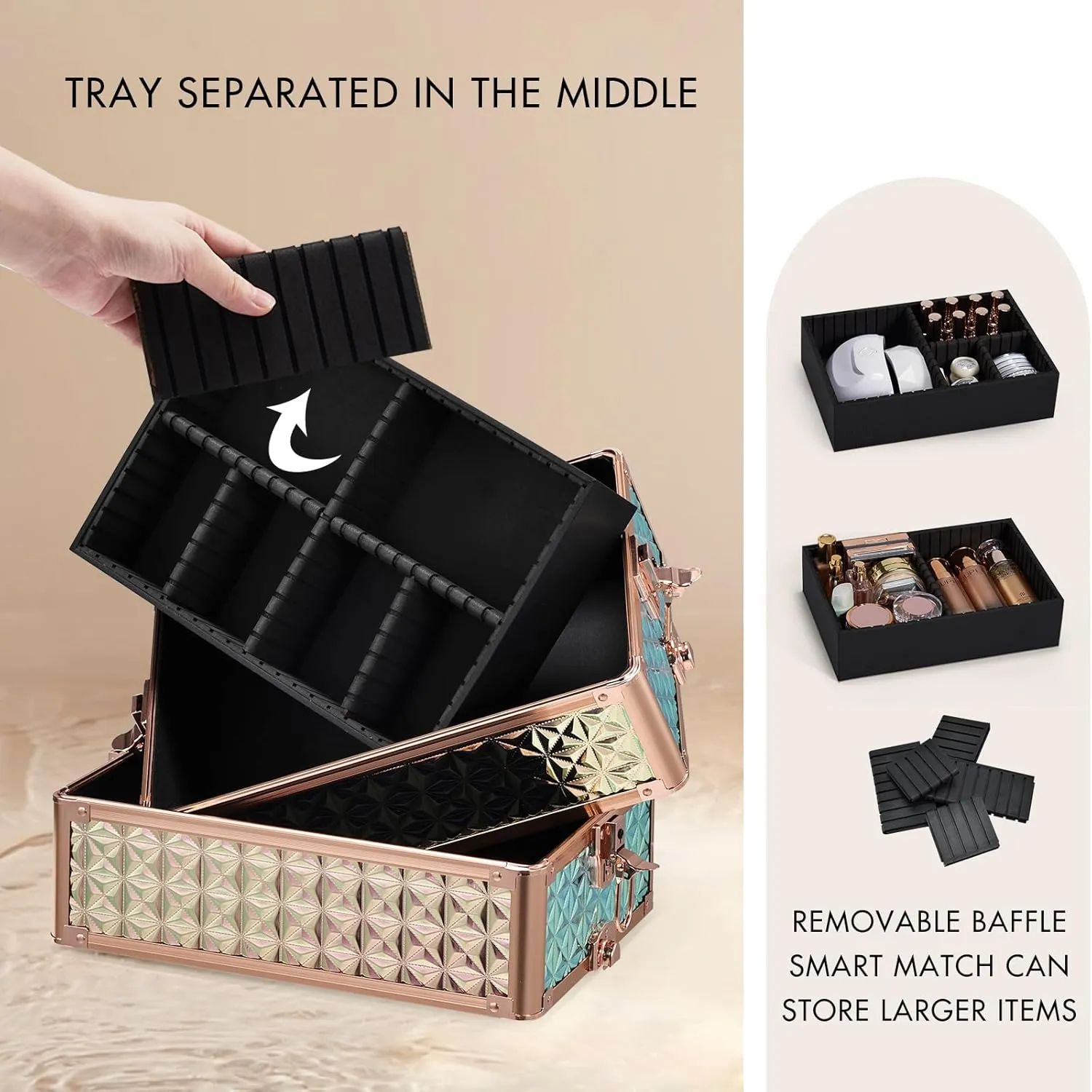 Stagiant Rolling Makeup Case Cosmetology Case on Wheels 4 in 1 Large Cosmetic Organizer Train Case Makeup Travel Case with Key Swivel Wheels Nail Artist Salon Storage Traveling Cart Trunk Rose Gold