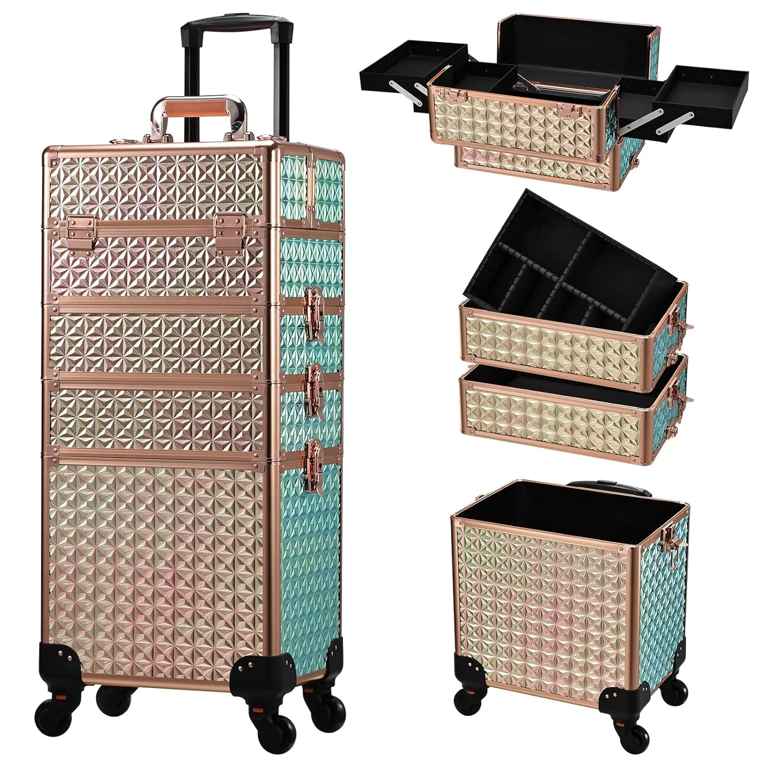 Stagiant Rolling Makeup Case Cosmetology Case on Wheels 4 in 1 Large Cosmetic Organizer Train Case Makeup Travel Case with Key Swivel Wheels Nail Artist Salon Storage Traveling Cart Trunk Rose Gold