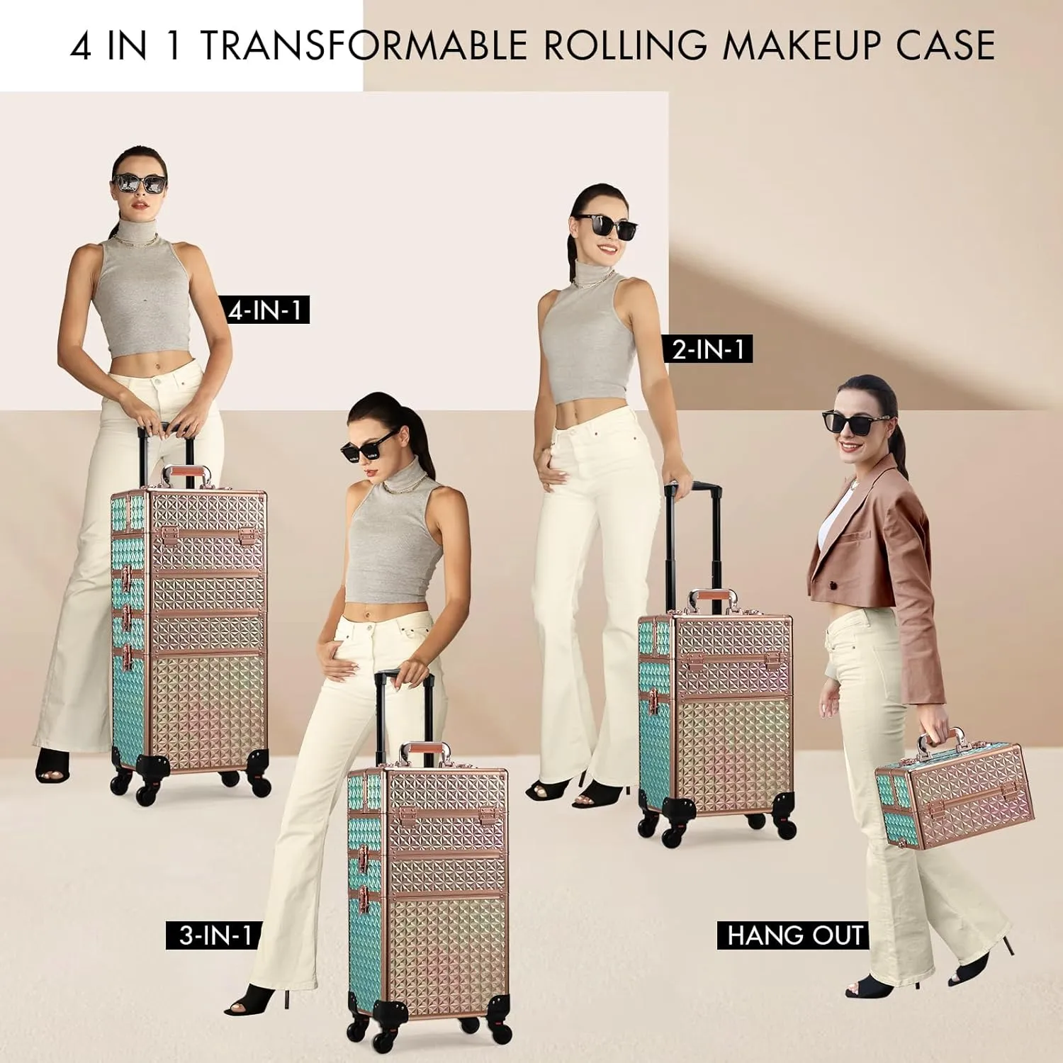 Stagiant Rolling Makeup Case Cosmetology Case on Wheels 4 in 1 Large Cosmetic Organizer Train Case Makeup Travel Case with Key Swivel Wheels Nail Artist Salon Storage Traveling Cart Trunk Rose Gold