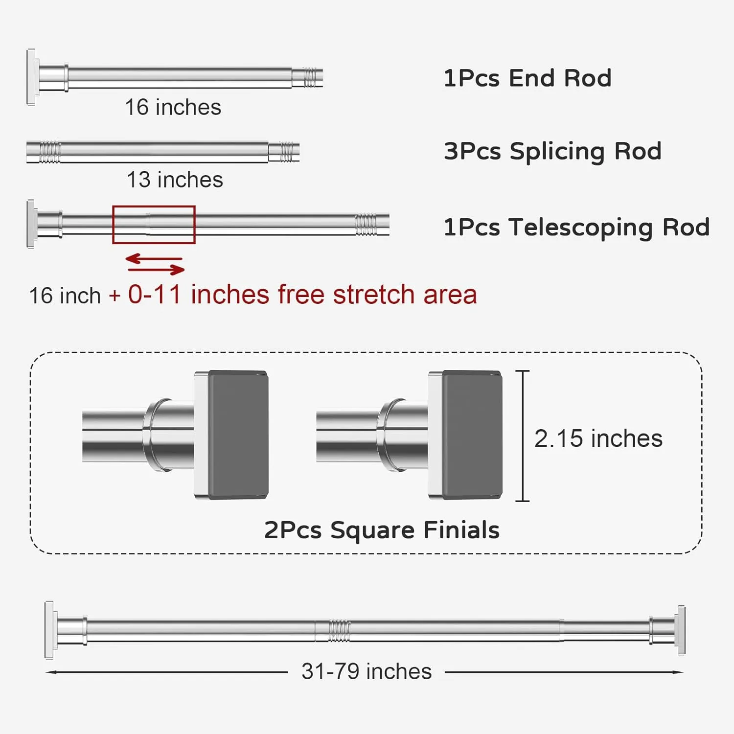 Stainless Silver Shower Curtain Rod 31-79 Inches Non-Slip Shower Rod Tension Mounted No Drill Shower Curtain Rods Spring Tension Rod Adjustable Tension Curtain Rod for Windows Bathroom