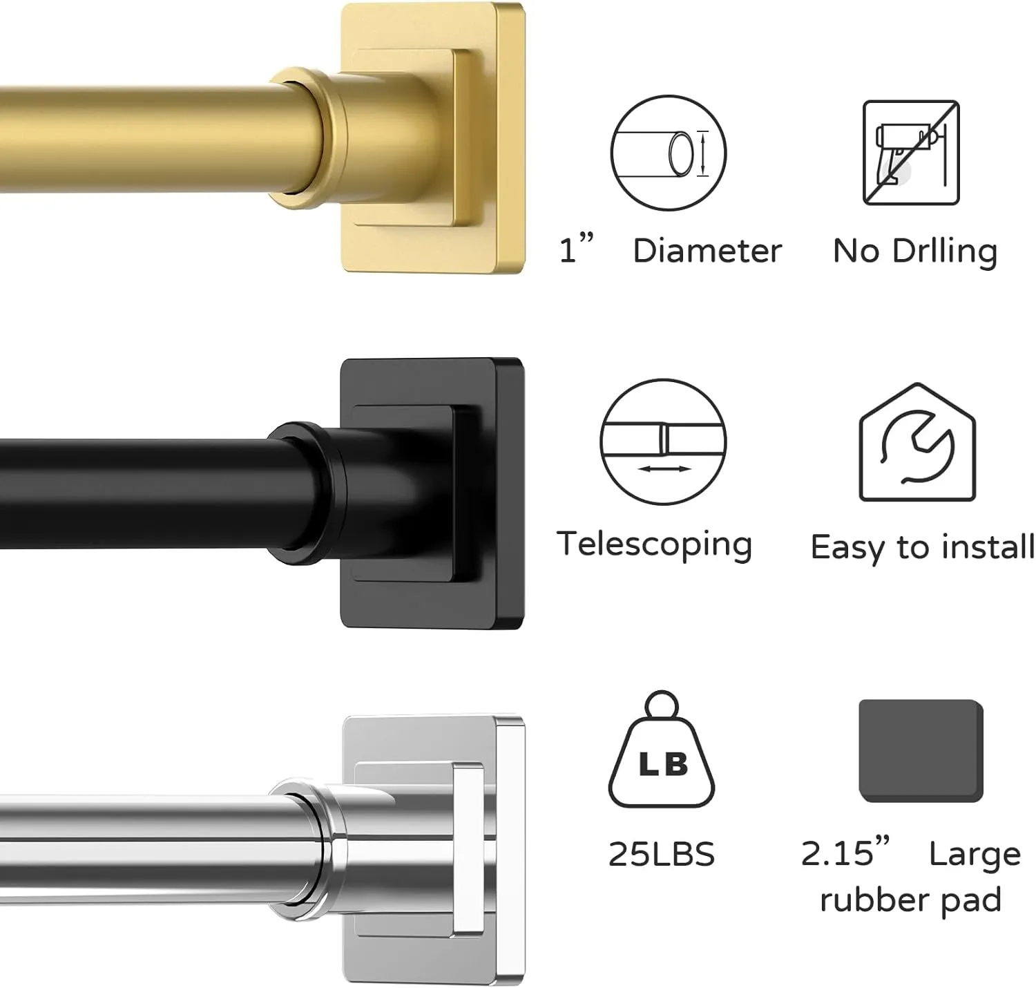 Stainless Silver Shower Curtain Rod 31-79 Inches Non-Slip Shower Rod Tension Mounted No Drill Shower Curtain Rods Spring Tension Rod Adjustable Tension Curtain Rod for Windows Bathroom
