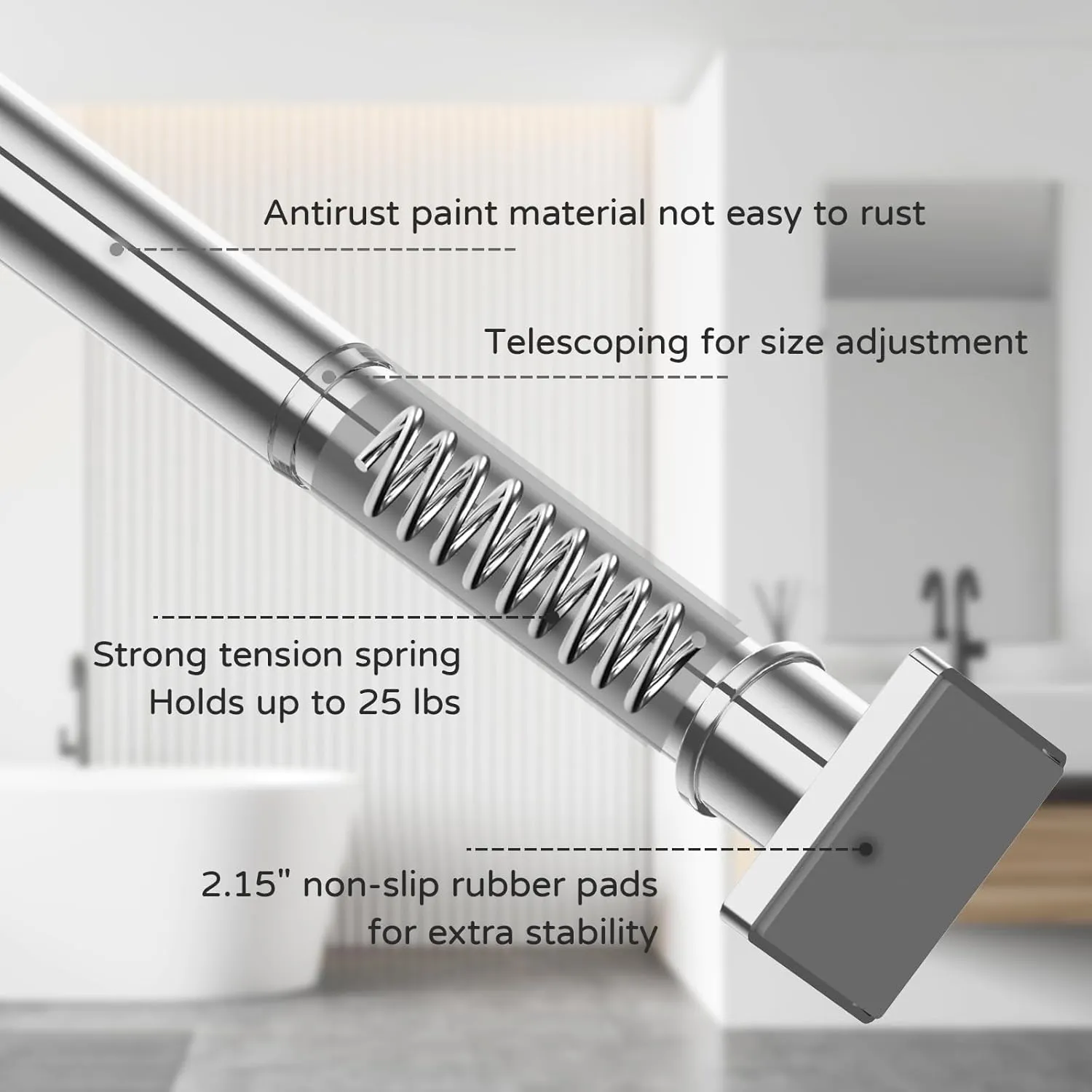Stainless Silver Shower Curtain Rod 31-79 Inches Non-Slip Shower Rod Tension Mounted No Drill Shower Curtain Rods Spring Tension Rod Adjustable Tension Curtain Rod for Windows Bathroom
