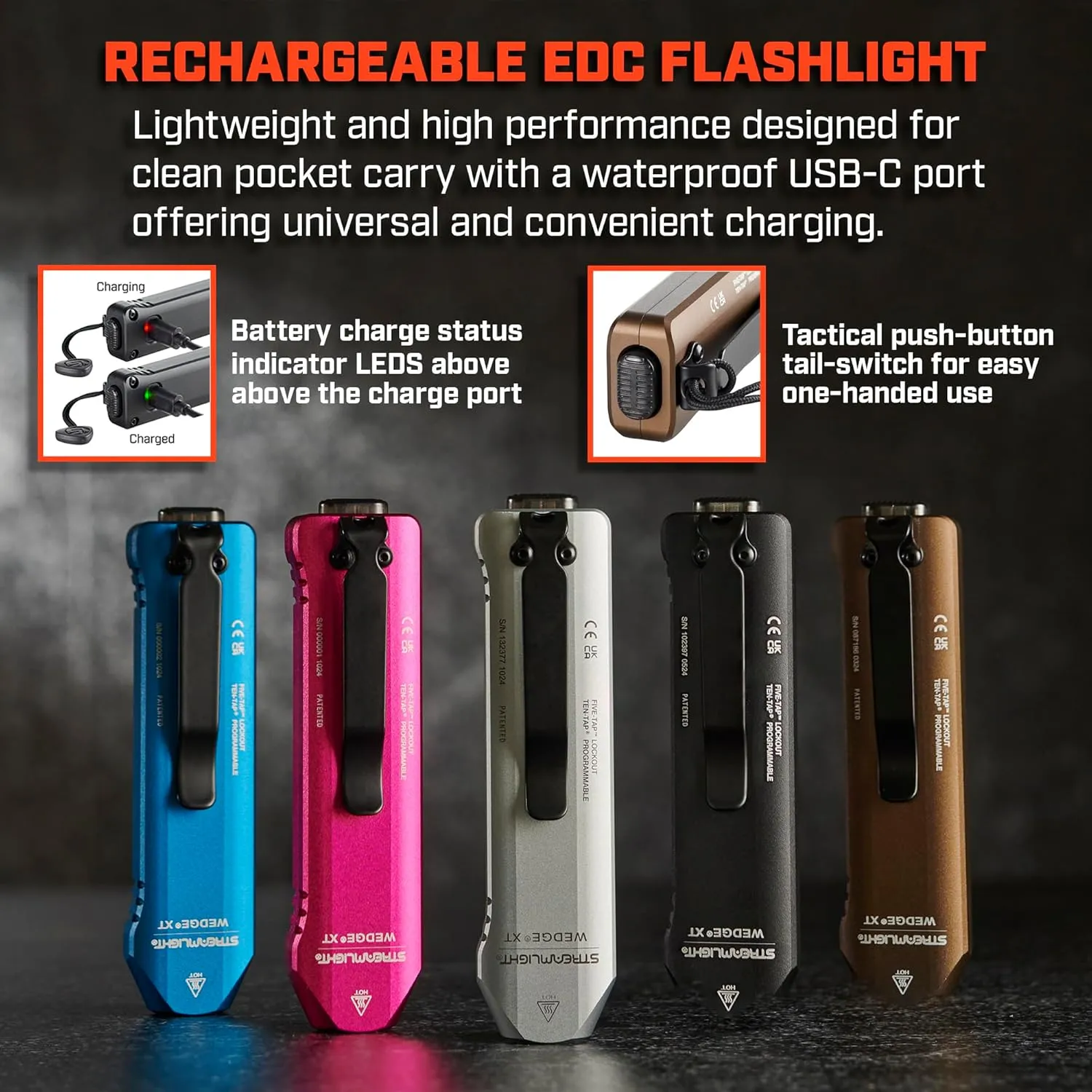 Streamlight 88812 Wedge XT 500-Lumen Slim Everyday Carry Flashlight, Includes USB-Cable and Pocket Lanyard, Black