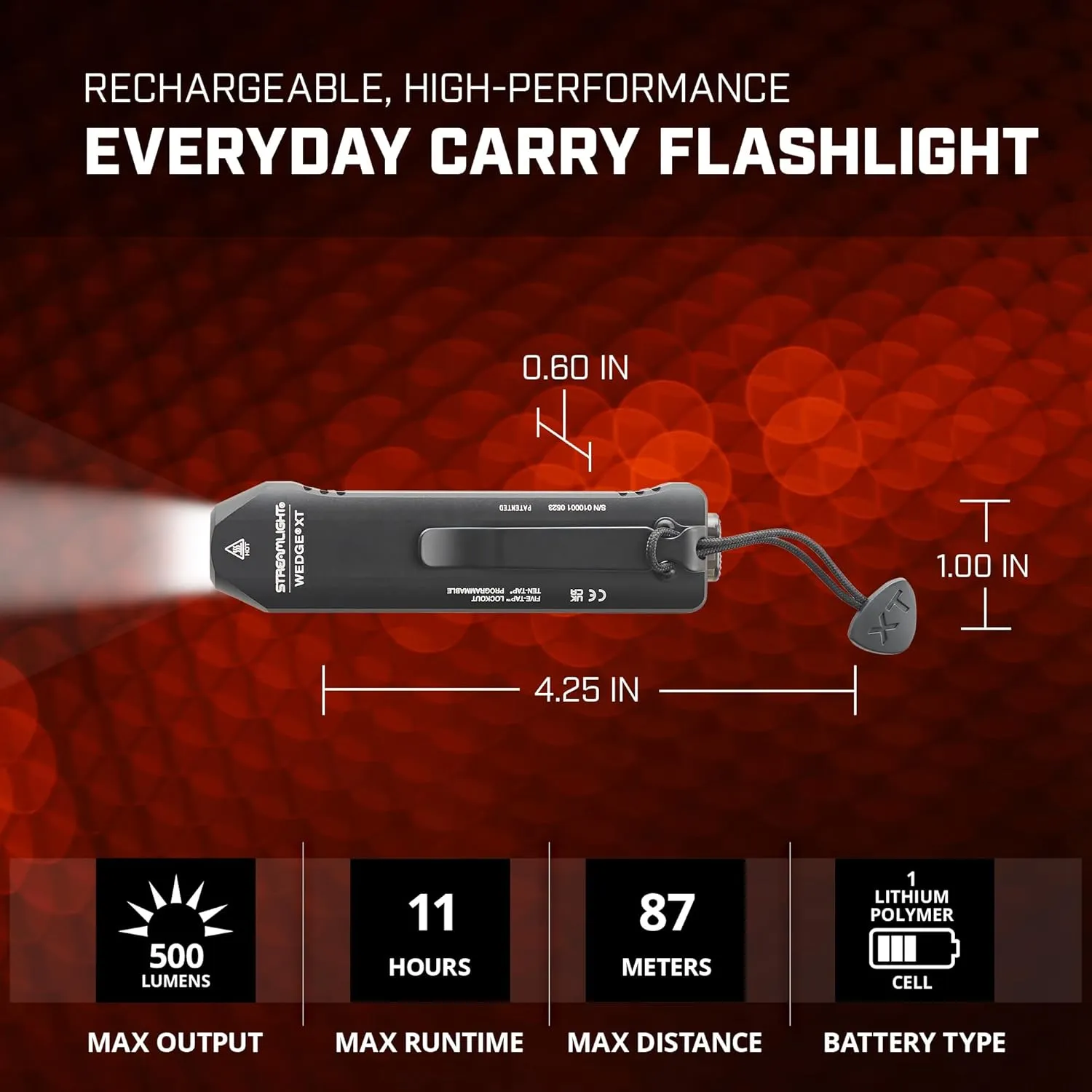 Streamlight 88812 Wedge XT 500-Lumen Slim Everyday Carry Flashlight, Includes USB-Cable and Pocket Lanyard, Black