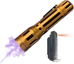 Stun Gun Flashlight and Pepper Spray Combo for Women Men Rechargeable Self Defense Kit with Gold Design Safety Tool Keychain Clip Spray Gift Set