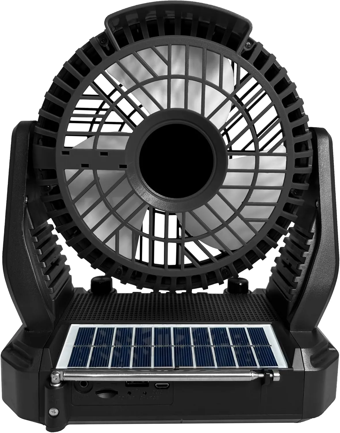Supersonic SC-1076ERF Solar Powered Portable Fan with 6-Inch Fan Diameter, Adjustable 3 Wind Speed, Foldable Hanger Hook, LED Flashlight, Bluetooth, FM Radio, AUXUSB/mSD Inputs
