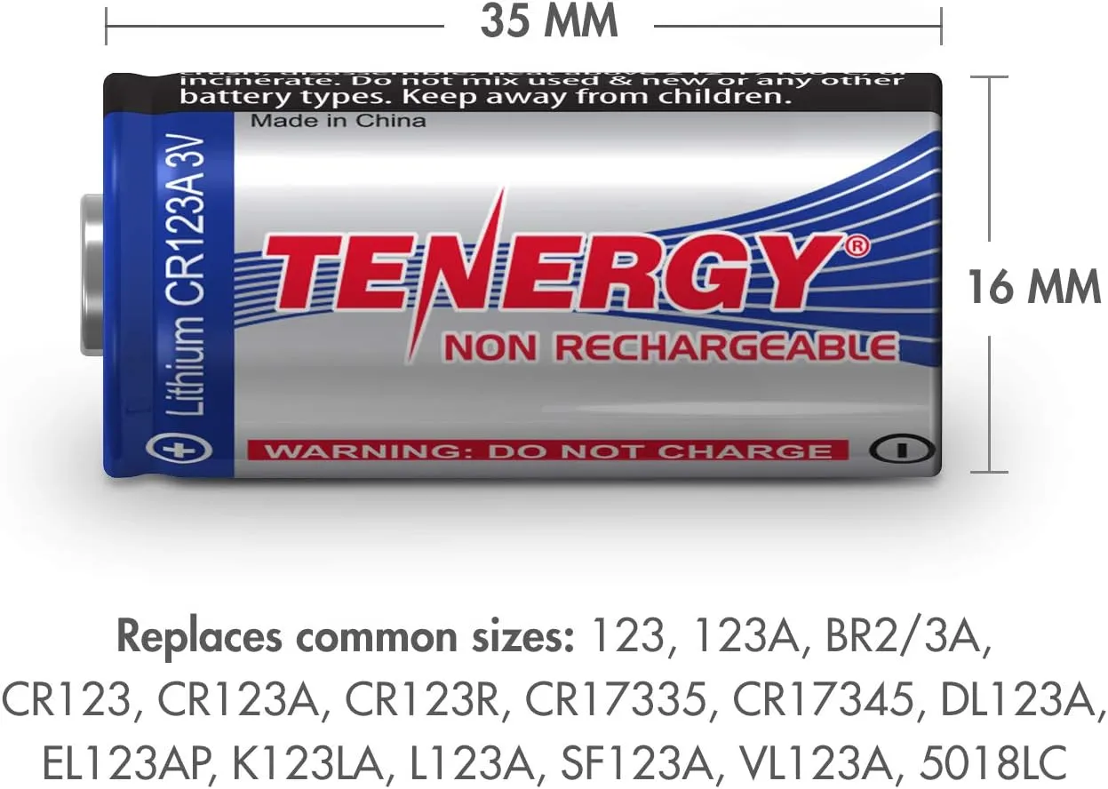 Tenergy 3V CR123A Lithium Battery, High Permance 1500mAh CR123A Cell Batteries PTC Protected Cameras, Flashlight Replacement CR123A Batteries, 12 Pack (Non-Rechargeable)