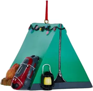 The Bridge Collection Camping Tent Ornament - Green Campsite Tent with Backpack, Campfire, Lantern, & Christmas Lights Ornament for Campers