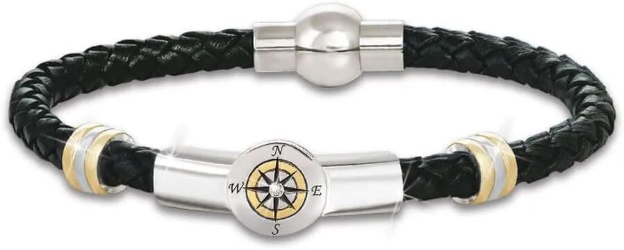 The Danbury Mint Grandson Leather Bracelet - Genuine Woven Leather - Genuine Diamond - Stainless Steel - Great Gift for Grandson, #5702-0018