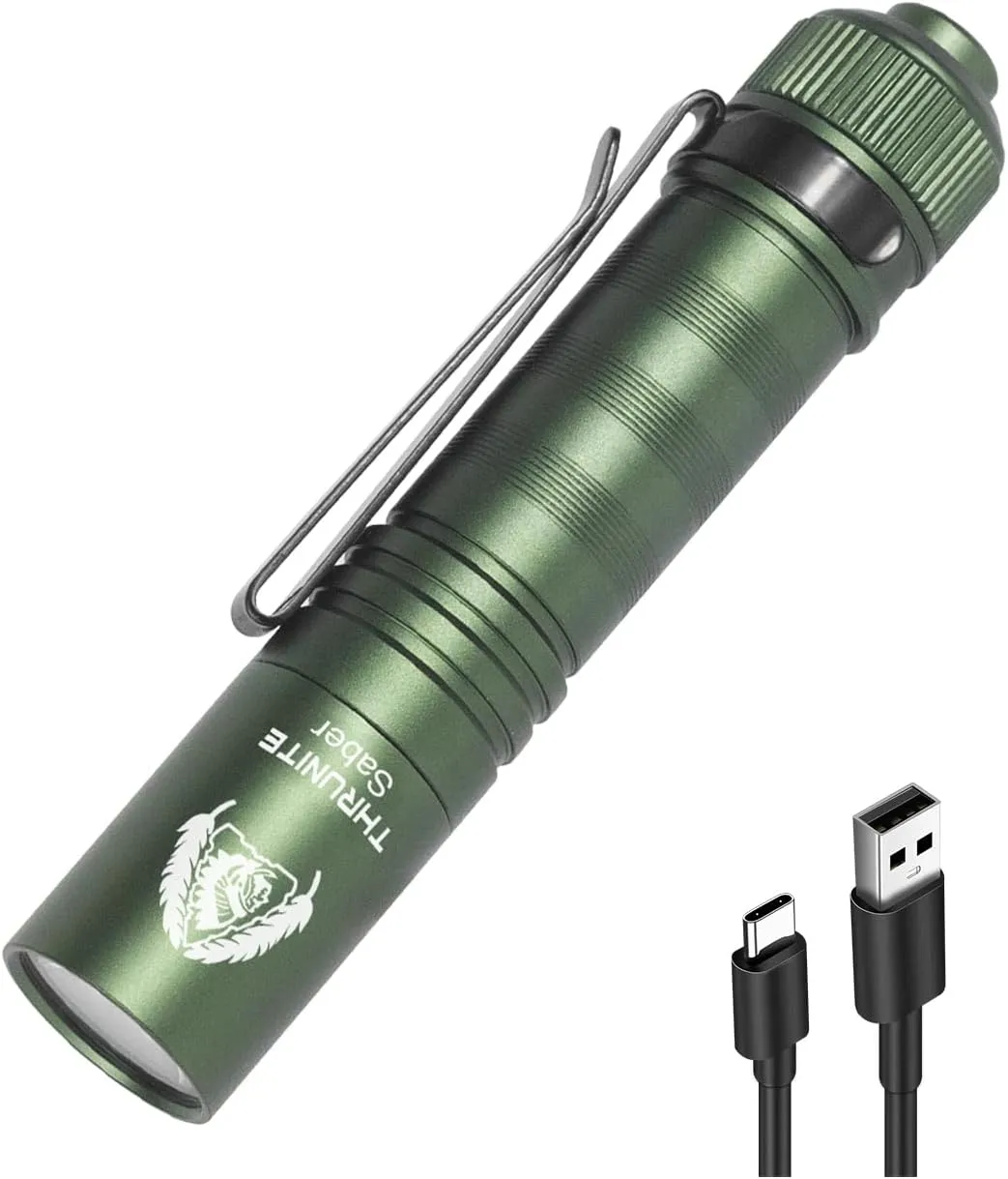ThruNite BSS Saber EDC Flashlight Customized Black Scout Survival Edition Max 1015 Lumens USB-C Rechargeable Mini LED Handheld AA Flashlights, Green Cool White