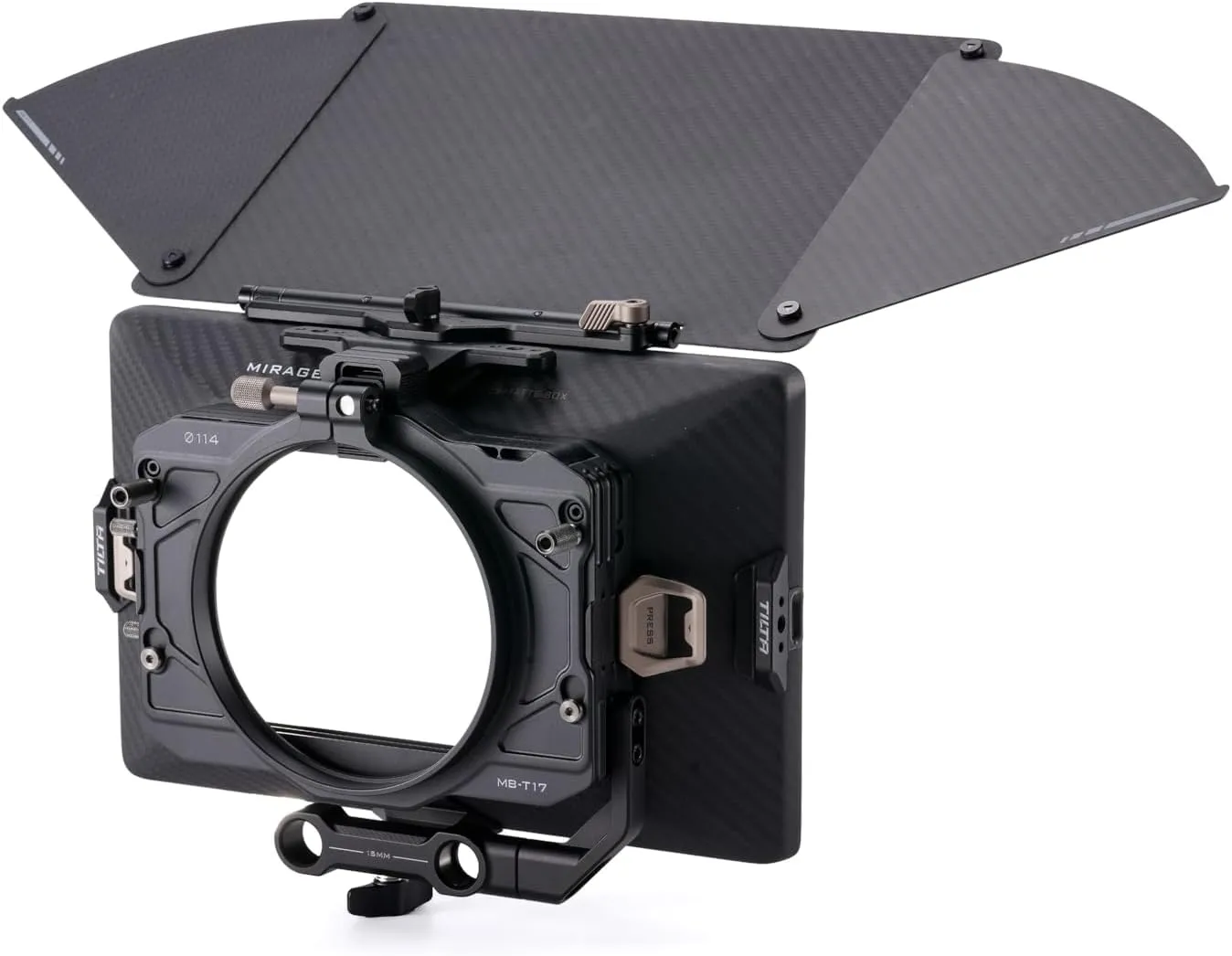 Tilta Mirage Pro Matte Box Base Kit | Carbon Fiber Hood & Top Flag | Use up to 3 4x5.65 Filters | 67, 72, 77, 82, 95, 110 & 136mm Lens Front Adapters | 15mm LWS Mounting Bracket | Carrying Case