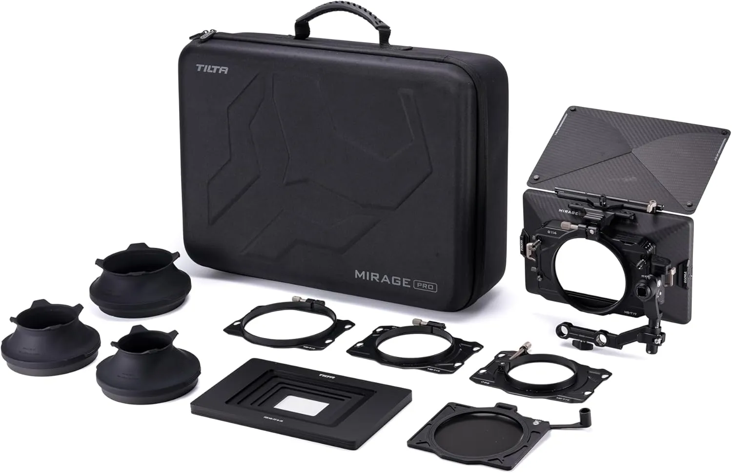 Tilta Mirage Pro Matte Box VND Kit | Swing Away | 114mm VND Filter 1-7 Stops | Hard Matte Set | Carrying Case | 95mm, 110mm, 114mm, 136mm Lens Adapters | Use up to 3 4x5.65 Filters | Carbon Fiber