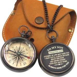to My Son Compass Personalized Pocket Compass with Leather Case/Gift for Son/to My Son Gifts/Mom to Son Gift/Dad to Son/Grandson Gift, Directional Magnetic Pocket Compass