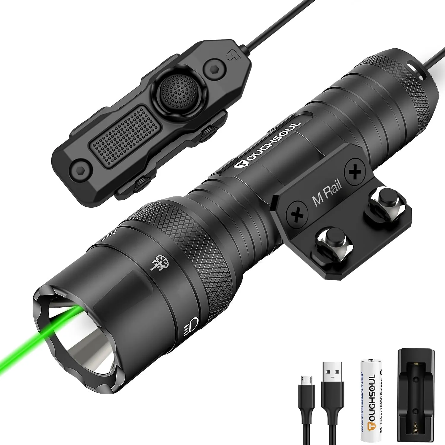 TOUGHSOUL Mlok Green Laser Tactical Flashlight 1250 Lumens, Rechargeable Flashlight with Remote Pressure Switch LED Light with Rechargeable Batteries and Charger Included (Mlok-Light Laser)