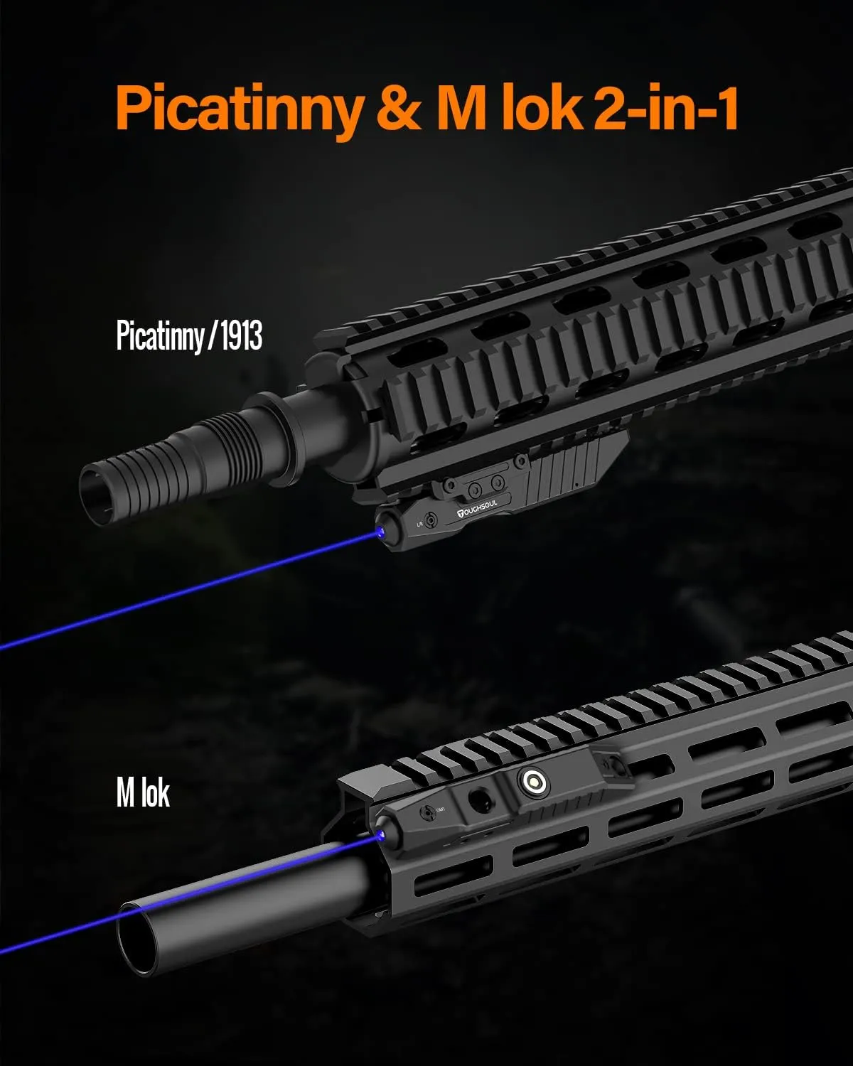 TOUGHSOUL Rifle Green/Blue/Red Laser Sight Compatible with M-Lok/Picatinny Rail, Rechargeable Low-Profile Tactical Rifle Laser Sight with Strobe Function