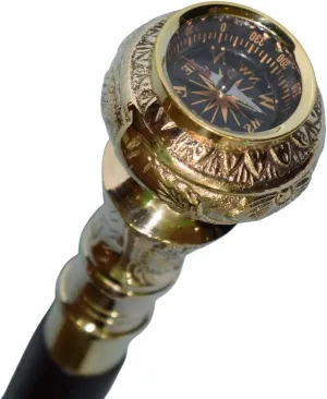 Travelers Compass Gentleman's Walking Stick, 36 Inch, Brass Handle and Hardwood Cane, Victorian Handle Designer Antique Wooden Compass Handle Walking Stick Vintage Cane | Brass Compass, Gold