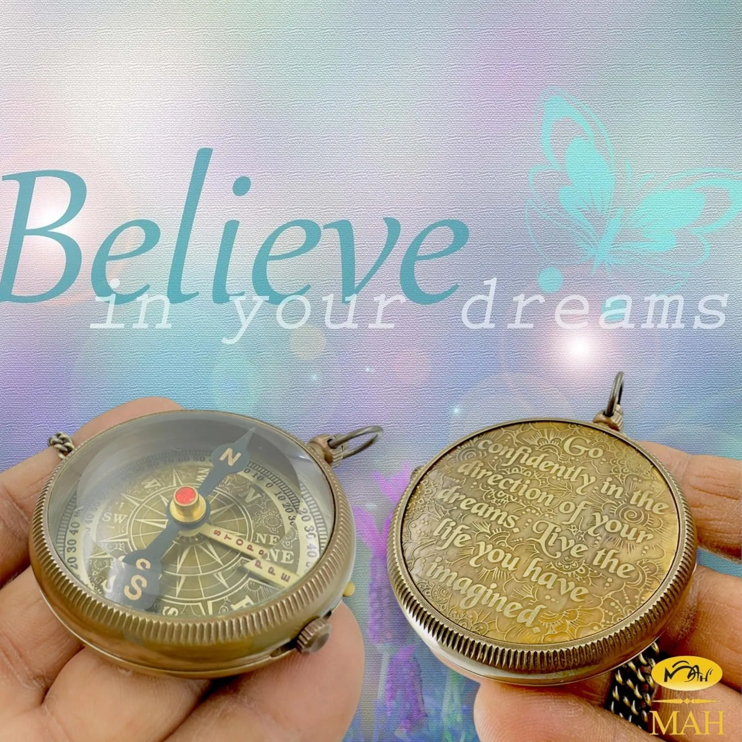 True North Compass – Go Confidently in The Direction of Your Dreams – Embossed Brass Compass – Graduation, Confirmation, Birthday, Motivational Gift for Him, Her, Students, Boys, Girls, High School
