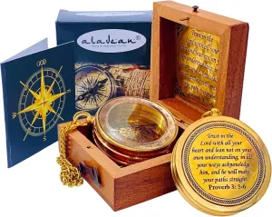 Trust in The Lord - Proverbs 3: 5-6 Engraved Compass, Wood Box Greeting, Inspirational Gift Men, Christian Boys Baptism Gifts, Graduation Day