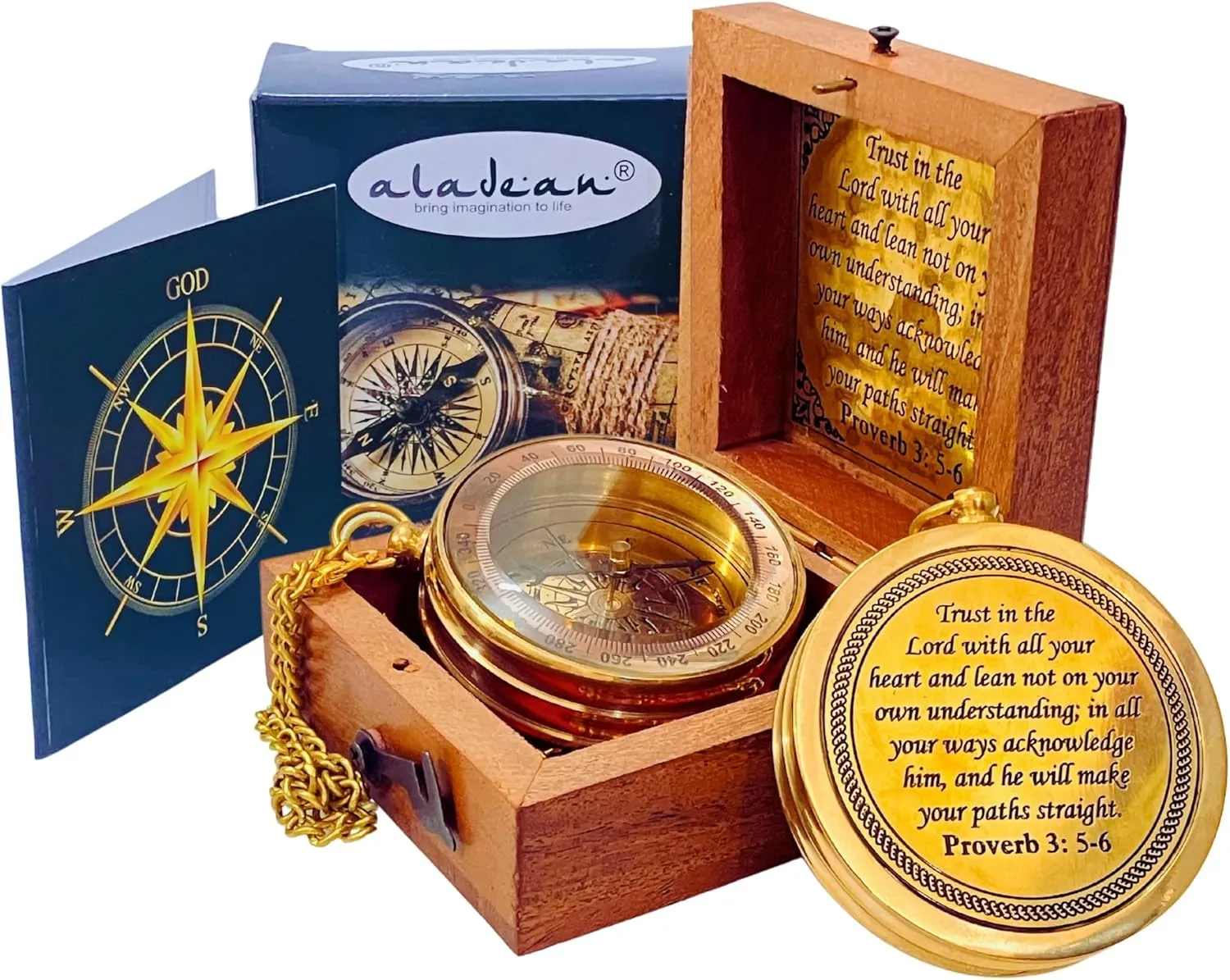 Trust in The Lord - Proverbs 3: 5-6 Engraved Compass, Wood Box Greeting, Inspirational Gift Men, Christian Boys Baptism Gifts, Graduation Day