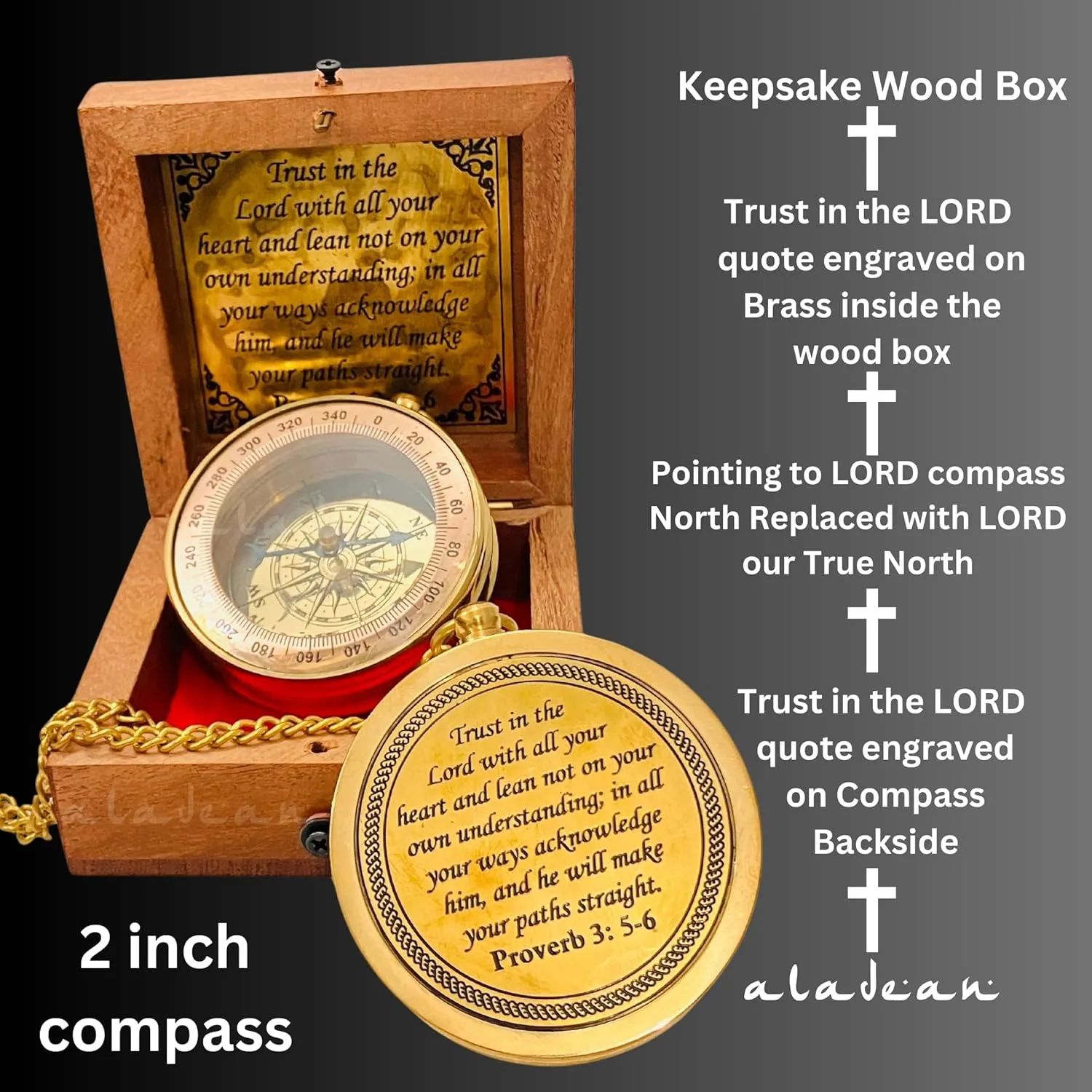 Trust in The Lord - Proverbs 3: 5-6 Engraved Compass, Wood Box Greeting, Inspirational Gift Men, Christian Boys Baptism Gifts, Graduation Day