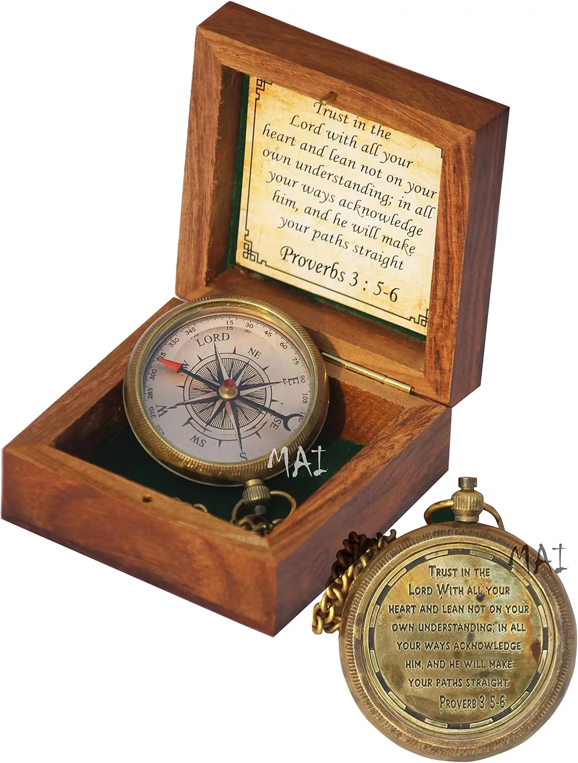 Trust in The Lord with All Your Heart -Proverbs 3: 5-6 Quote Engraved Compass in Wooden Box, Perfect for Camping, Graduation, Religious Gifts