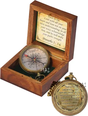 Trust in The Lord with All Your Heart -Proverbs 3: 5-6 Quote Engraved Compass in Wooden Box, Perfect for Camping, Graduation, Religious Gifts