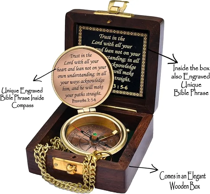 Trust in The Lord with All Your Heart -Proverbs 3: 5-6 Quote Engraved Compass with Wooden Box, Greeting card, Gift Compass, Graduation Day Gifts 2024 Compass for Women Mens Boy Girls
