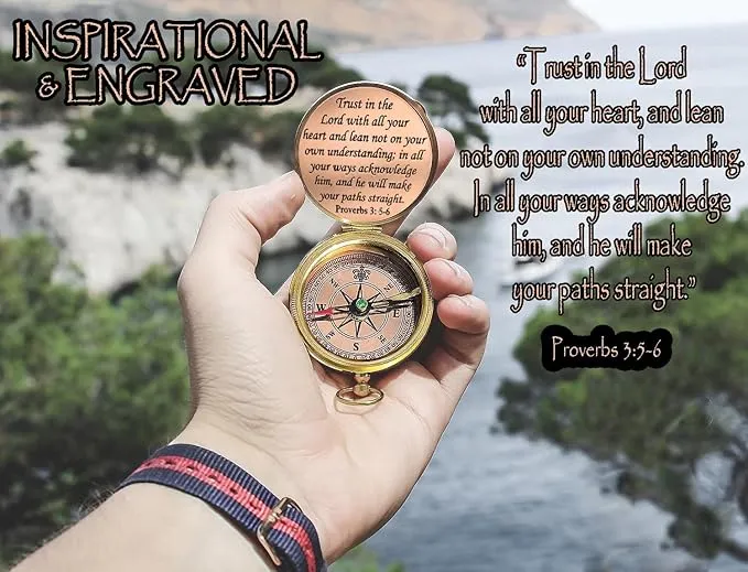 Trust in The Lord with All Your Heart -Proverbs 3: 5-6 Quote Engraved Compass with Wooden Box, Greeting card, Gift Compass, Graduation Day Gifts 2024 Compass for Women Mens Boy Girls