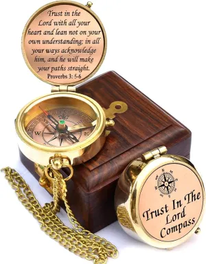 Trust in The Lord with All Your Heart -Proverbs 3: 5-6 Quote Engraved Compass with Wooden Box, Greeting card, Gift Compass, Graduation Day Gifts 2024 Compass for Women Mens Boy Girls