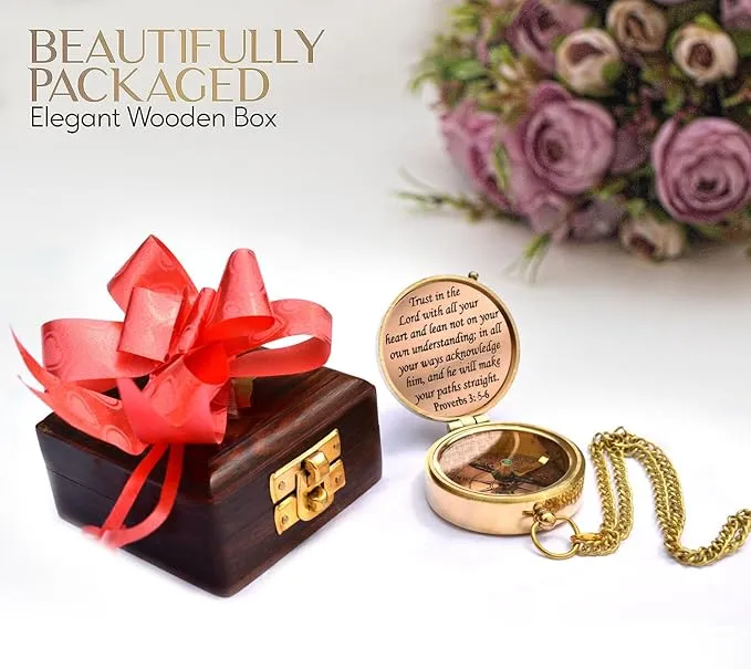 Trust in The Lord with All Your Heart -Proverbs 3: 5-6 Quote Engraved Compass with Wooden Box, Greeting card, Gift Compass, Graduation Day Gifts 2024 Compass for Women Mens Boy Girls
