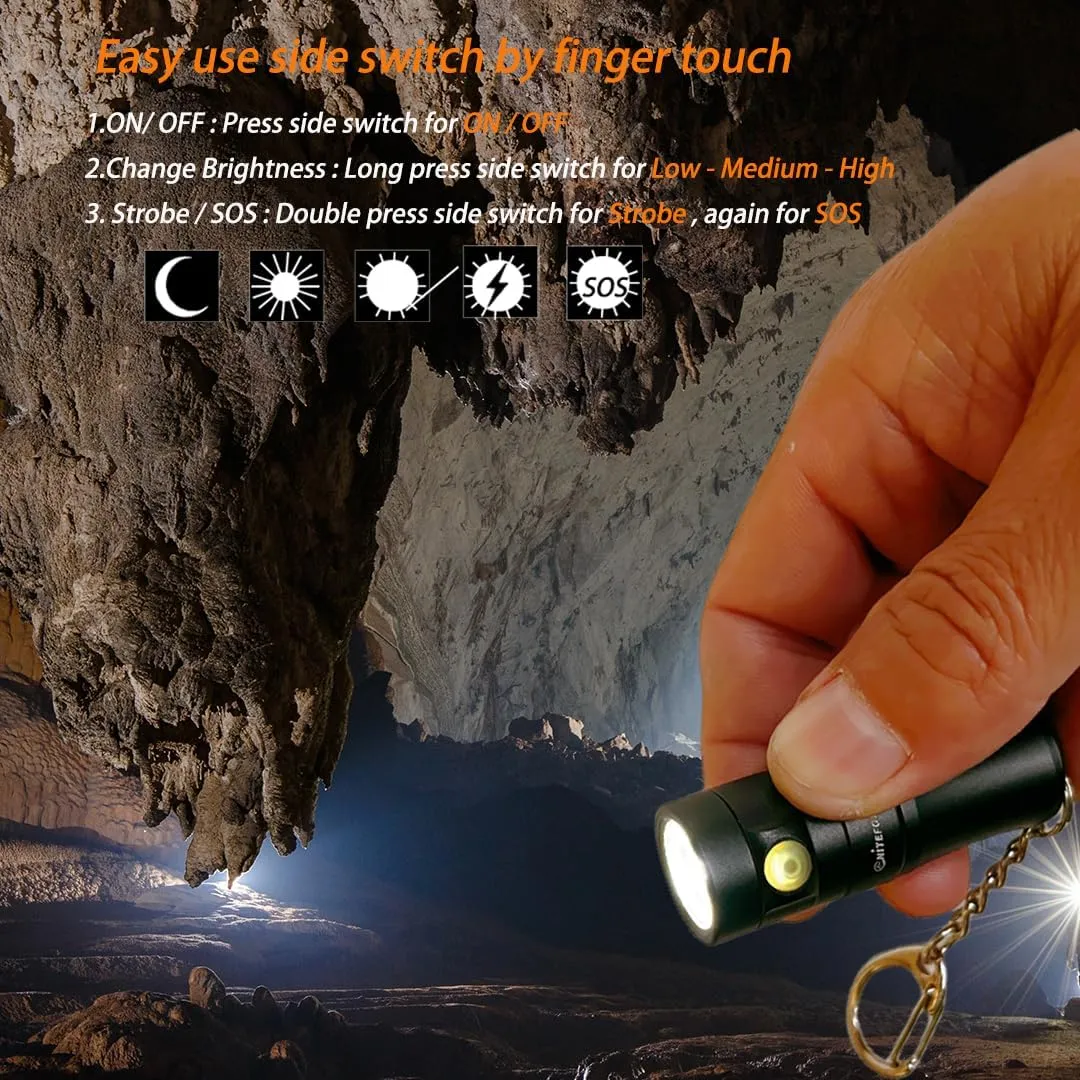 U2 Mini Keychain Flashlight USB Rechargeable Side Switch 400 Lumens High Bright with Built-in Battery Tiny Small Torch for Everyday EDC Emergency Dog Walking Camping Hiking