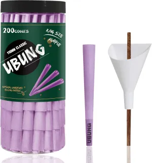 UBUNG Purple Cones, 200 Pcs King Size Purple Pre Rolled Cones with Tips, 108mm Slow Type Purple Rolling Papers, Including 1 Cone Loader And 1 Push Rod