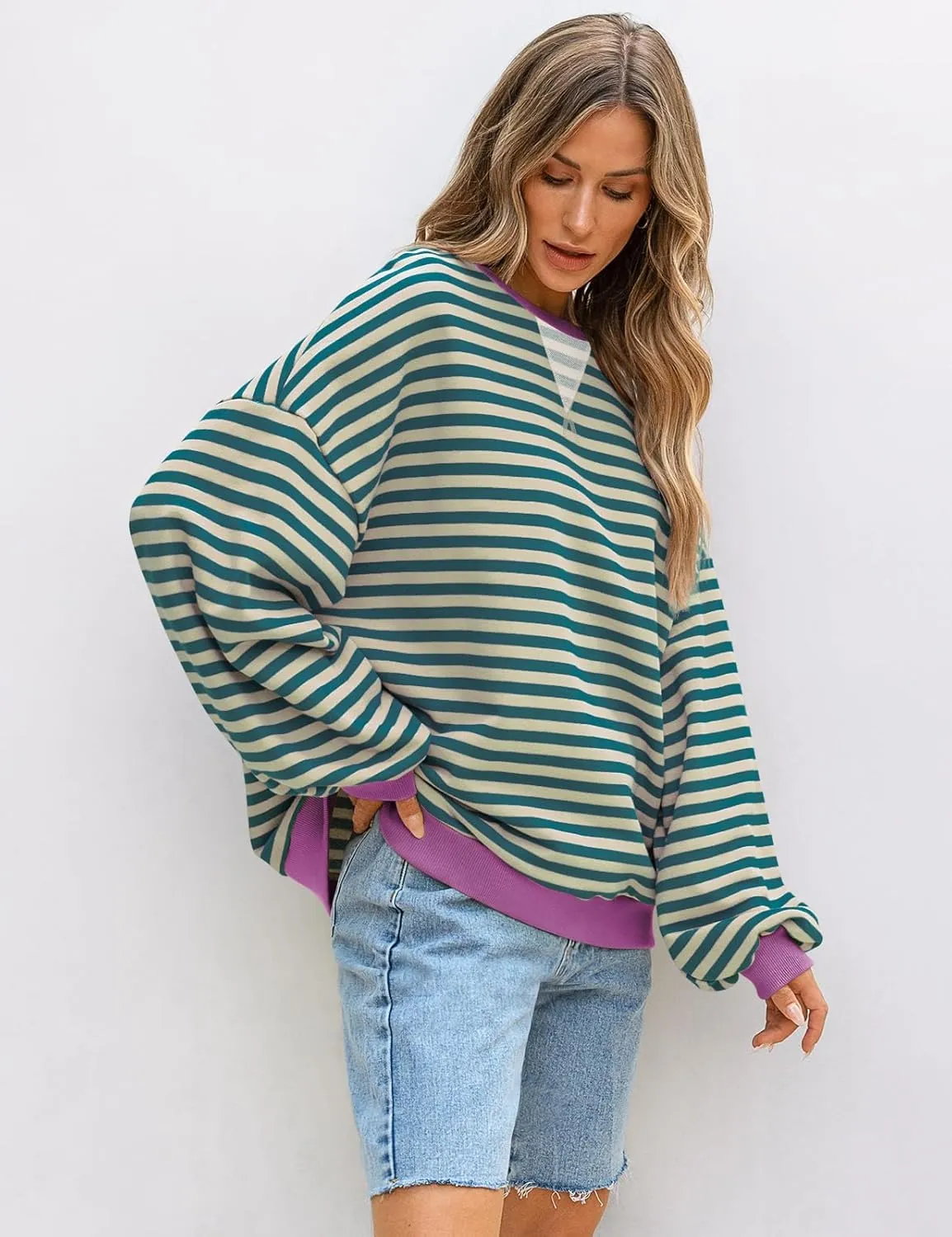 UEU Women Striped Oversized Sweatshirt Color Block Crewneck Long Sleeve Pullover Top Fashion Trendy Preppy Clothes