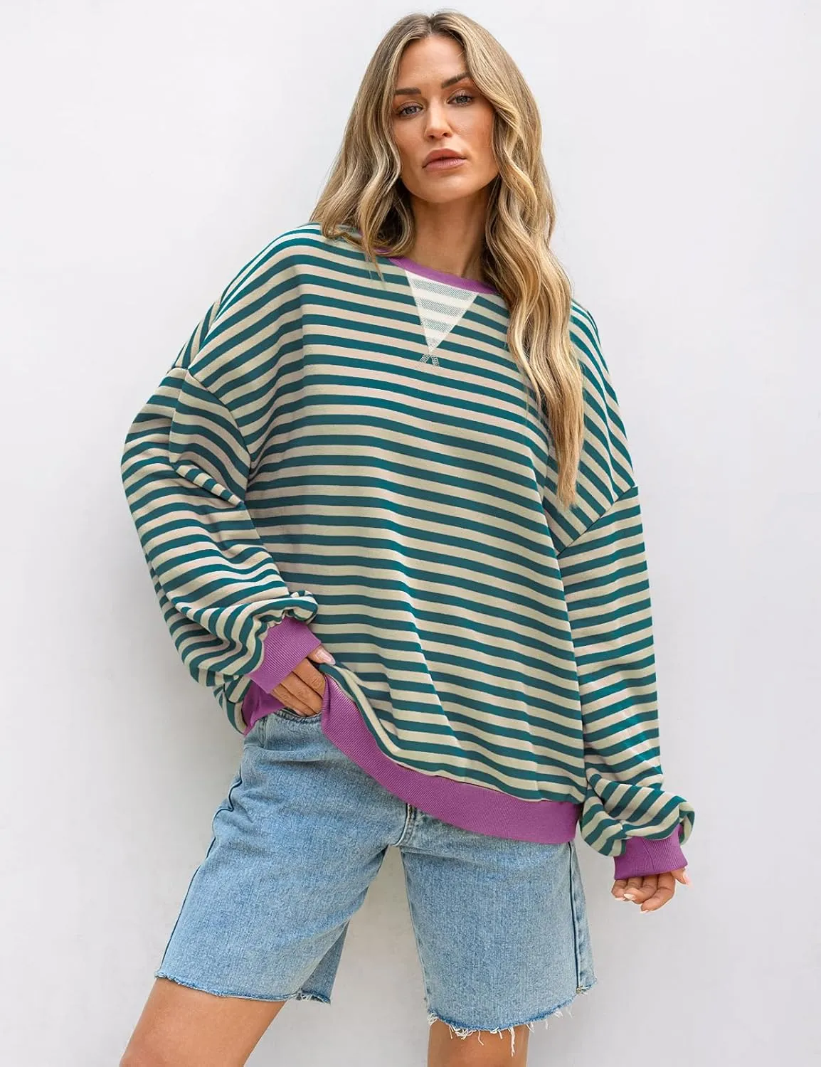 UEU Women Striped Oversized Sweatshirt Color Block Crewneck Long Sleeve Pullover Top Fashion Trendy Preppy Clothes